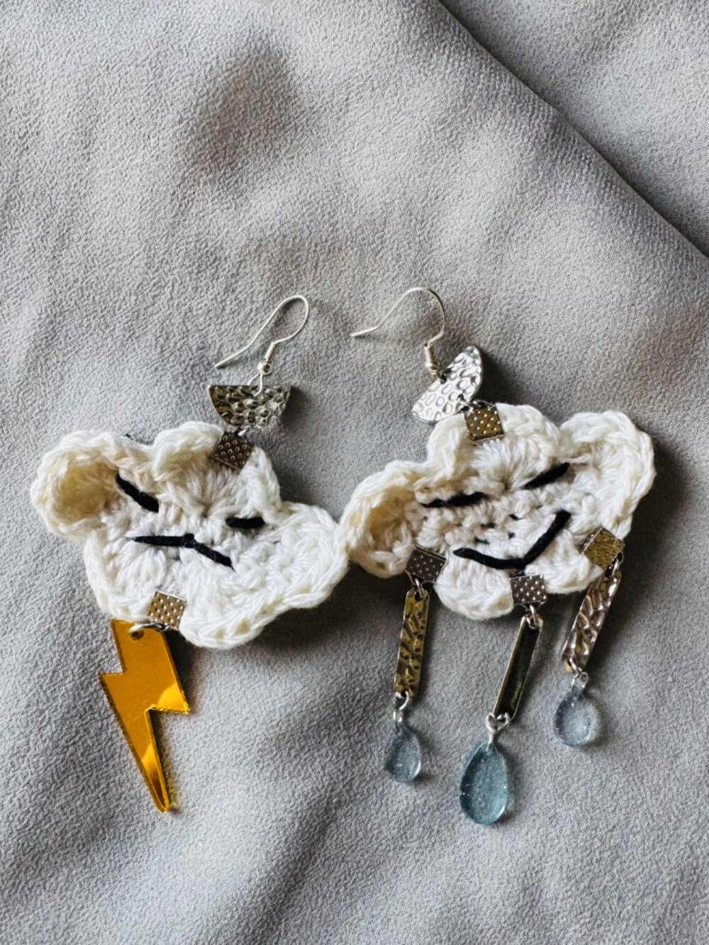 Kawaii Crochet Storm Cloud and Rain Cloud Handmade Earrings